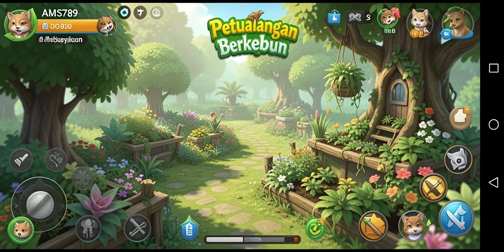 Screenshot utama AMS789 menampilkan kebun yang indah dan aktivitas pertanian.