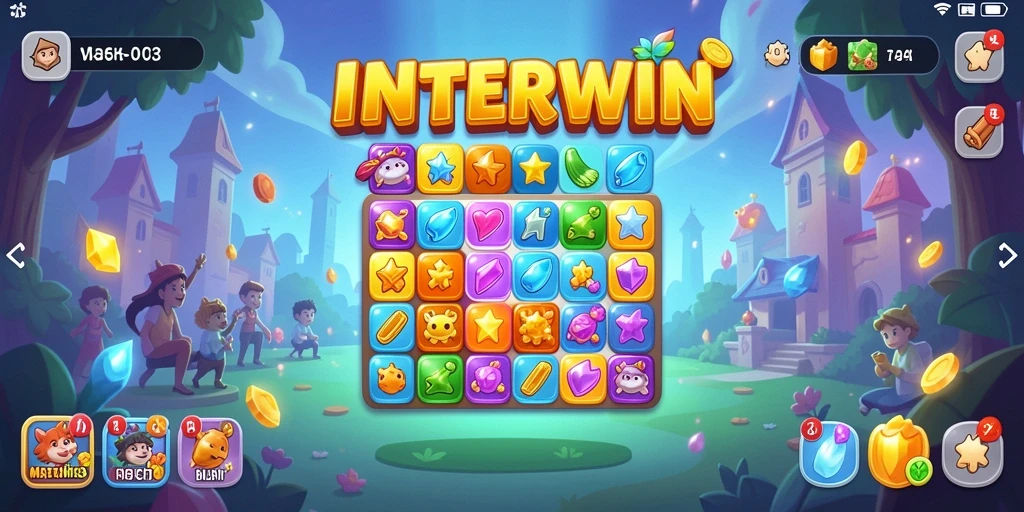 Tangkapan layar INTERWIN menunjukkan gameplay Match-3 yang seru dan penuh warna.