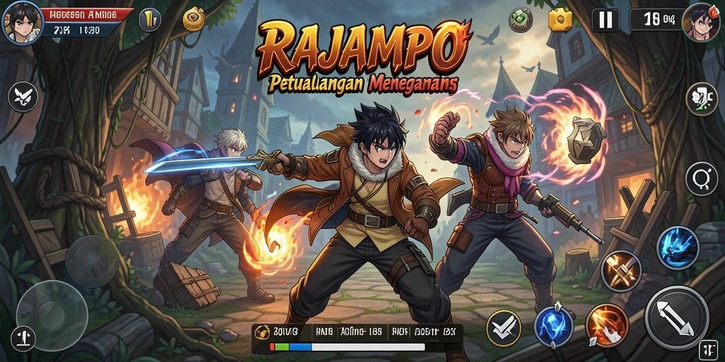 Screenshot menampilkan aksi seru dalam permainan RAJAMPO dengan karakter anime.