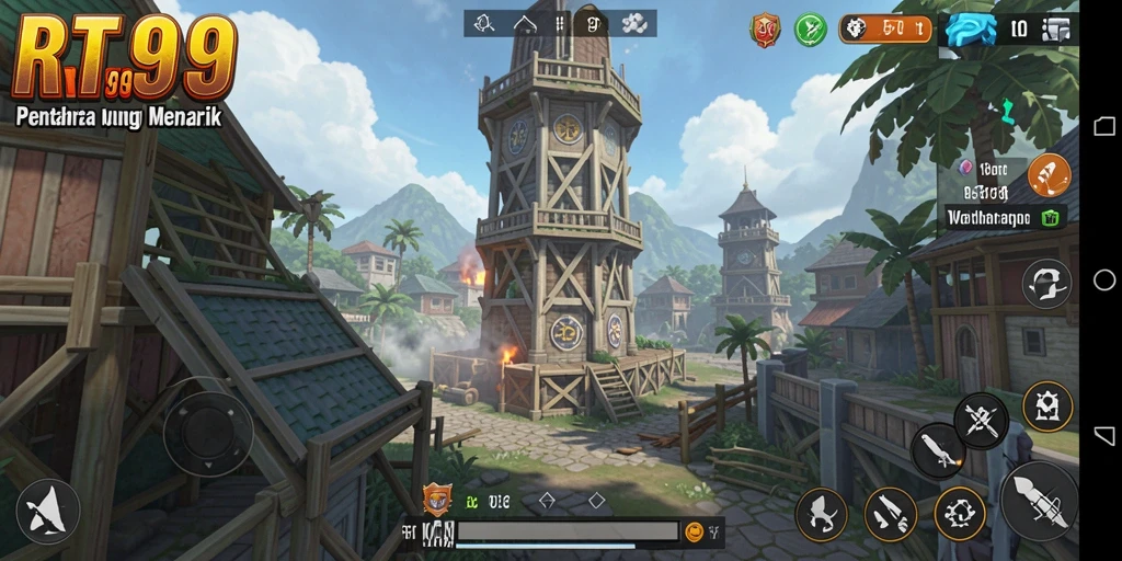 Screenshot gameplay RT99 menampilkan aksi menara pertahanan yang intens.