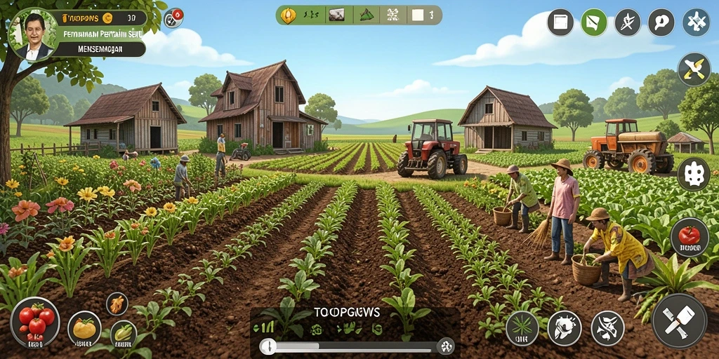Screenshot TOOPGWS menunjukkan aktivitas seru di ladang pertanian.