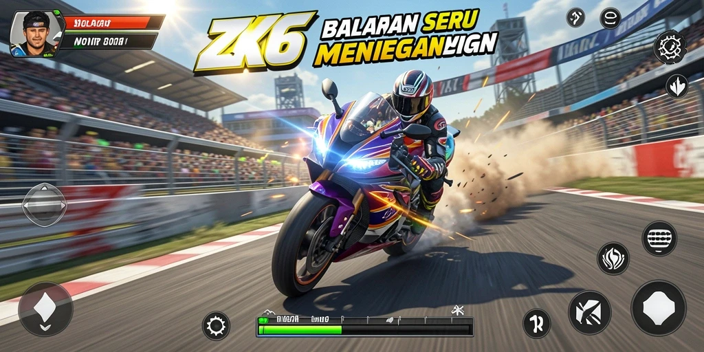 Screenshot gameplay ZK6 yang penuh aksi balapan motor.